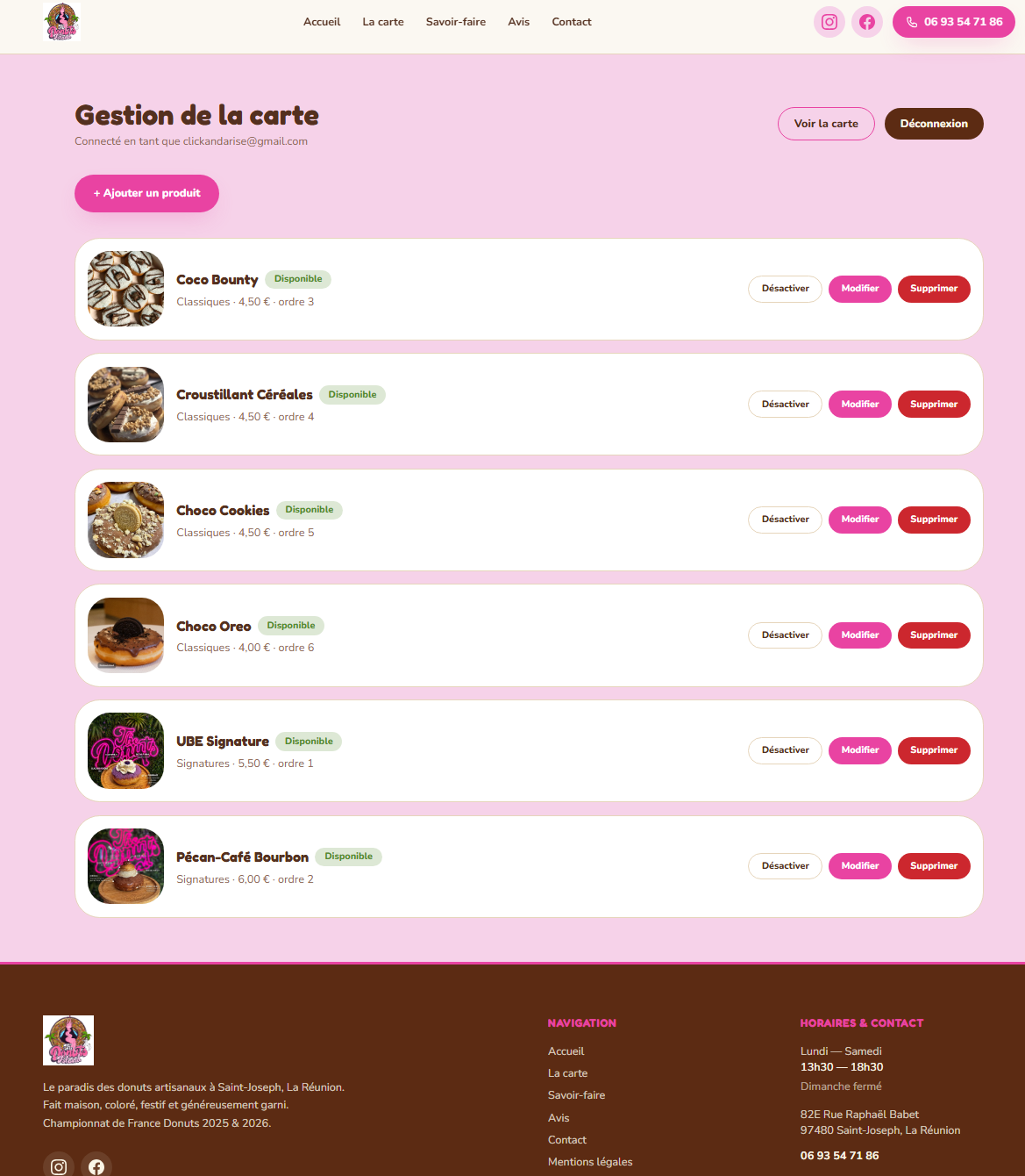 Panel administrateur The Donuts Island — gestion de la carte et des produits