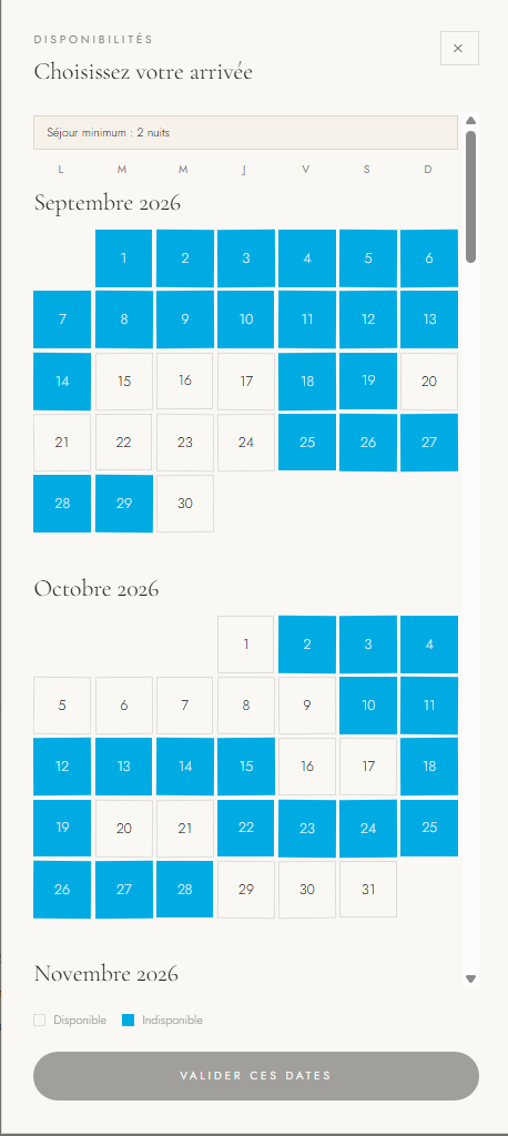 Calendrier de disponibilités du site Kykládes Villas réalisé par un collaborateur de confiance