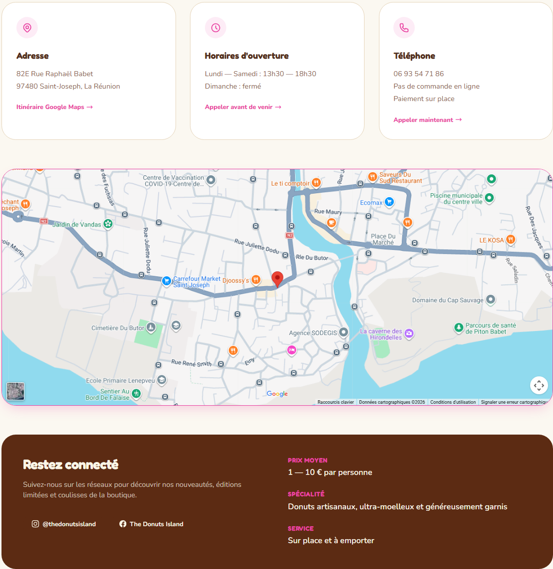 Site The Donuts Island réalisé par Click & Arise — Informations pratiques, localisation et réseaux de la boutique.