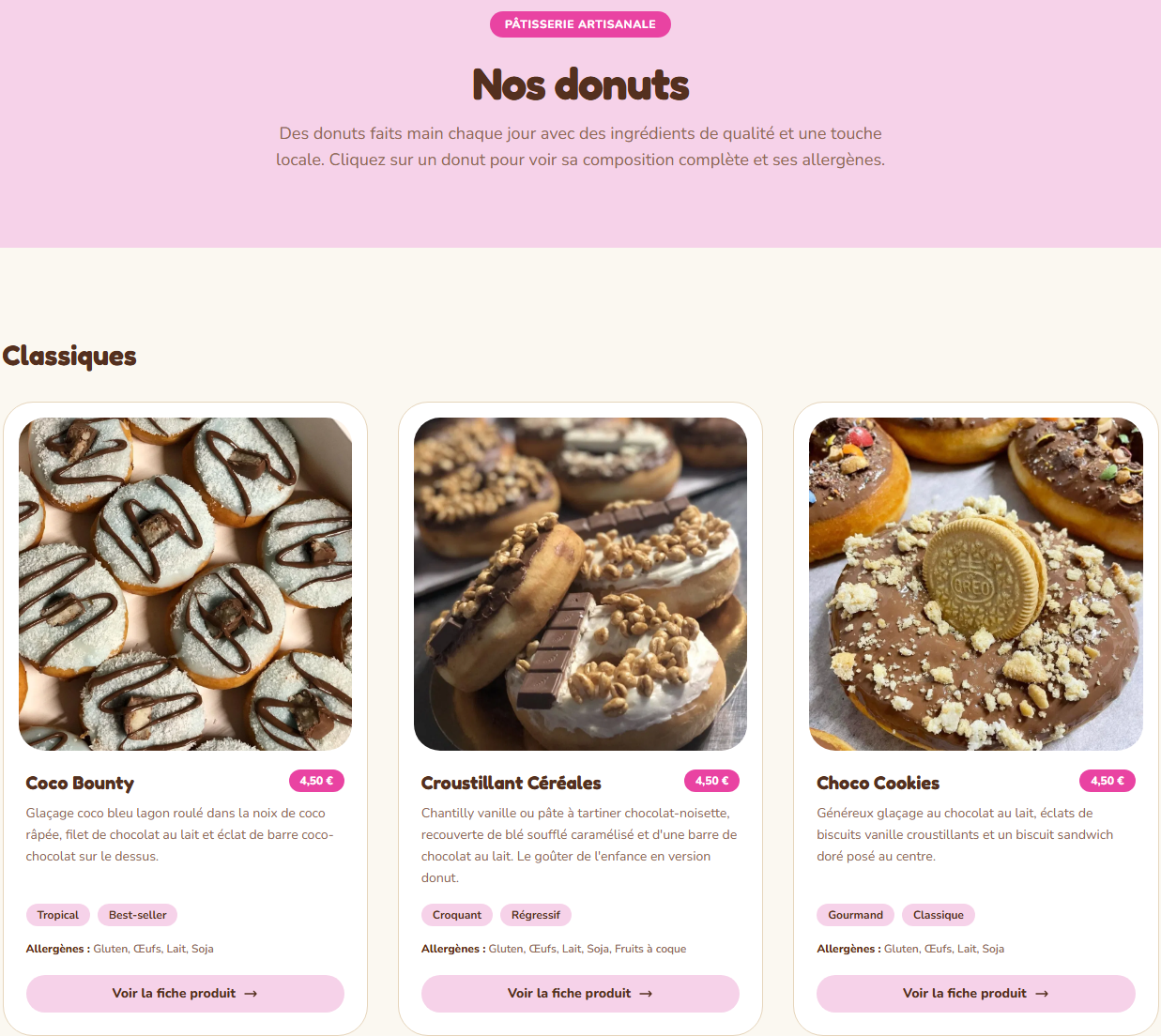 Site The Donuts Island réalisé par Click & Arise — La carte des créations, avec descriptions, prix et allergènes.