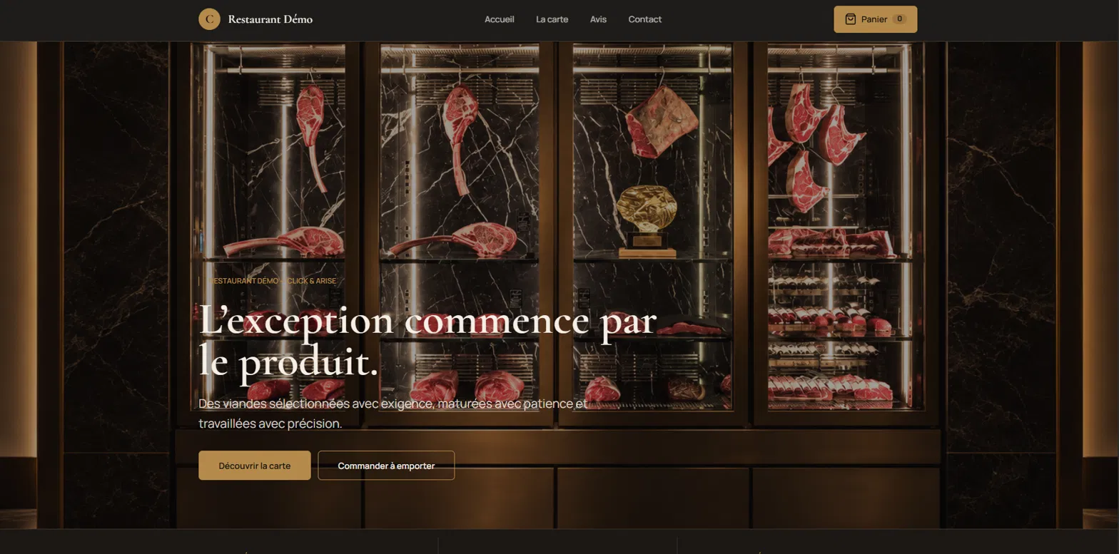 Démo Click & Collect — site réalisé par Click & Arise, vue sur ordinateur