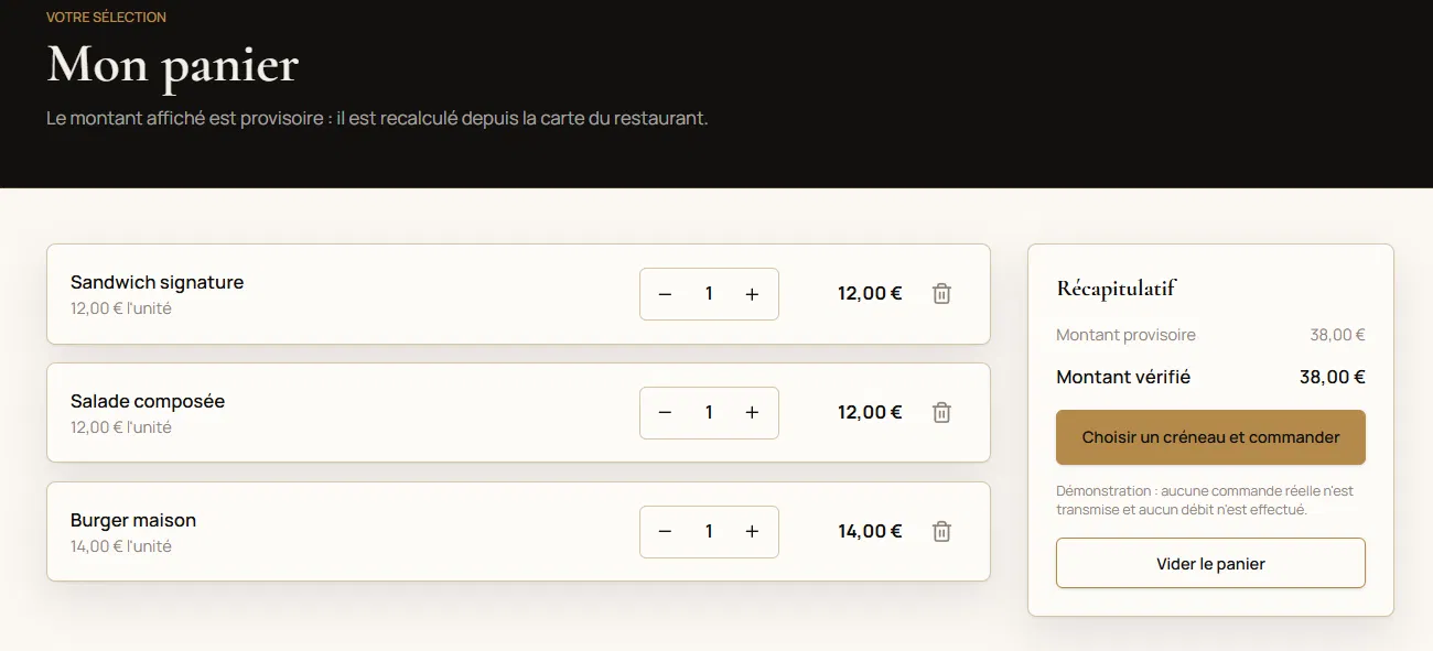 Site Démo Click & Collect réalisé par Click & Arise — Le panier et le récapitulatif de commande.