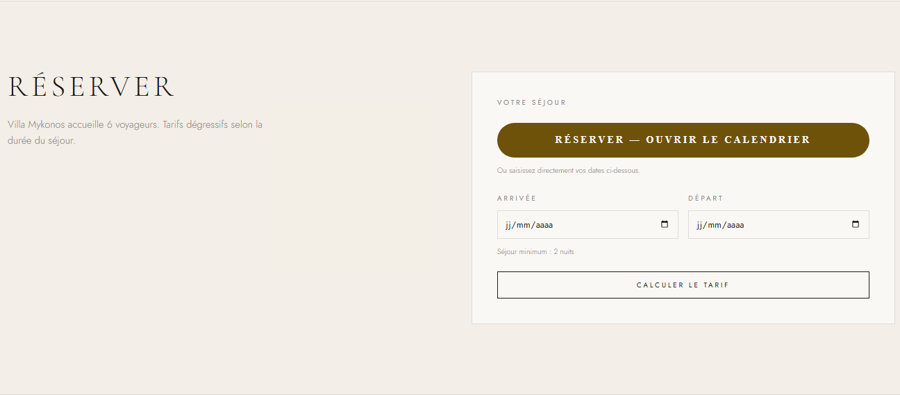 Interface de réservation du site Kykládes Villas réalisé par un collaborateur de confiance